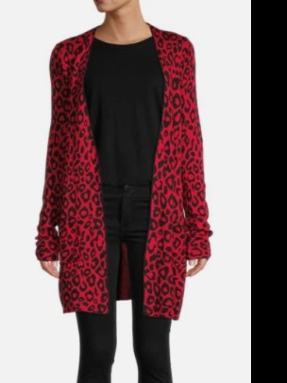 JOSEPH A Red Black Leopard Print Double-Knit Long Cardigan Petite Large